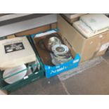 Three boxes of collectors plates, boxed teaset and kitchen pottery Live bidding available via our