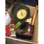 A box of misc, including empty tins, horse brasses, vintage scales, etc Live bidding available via