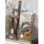 Two wooden crucifix and some shields Live bidding available via our website, if you require P&P