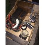 A box of electrical measuring equipment to include voltmeters,1 avometer, etc. Live bidding