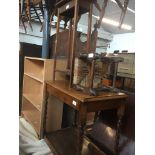 An oak trolley, small table and rush stool Live bidding available via our website, if you require