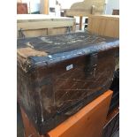 A 19th century pine and leather bound trunk Live bidding available via our website, if you require