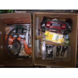 2 boxes including electric drills, pillar drill stand, bench grinder, spirit level, etc Live bidding