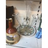 A Wedgwood Christmas plate, plated epergne with glass flutes and an empty Bells decanter Live