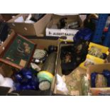 2 boxes of misc ornaments, Lilliput lane cottages, glass vase, empty whiskey bottle, etc. Live