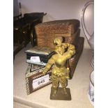 Foiur small boxes and a miniature brass figure Live bidding available via our website, if you