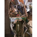 A box and a bag of tools including hammers, saws, tapes, plane, small bolt croppers etc Live bidding