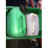 A box containing plastic water container and unleaded petrol container Live bidding available via
