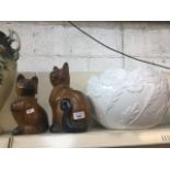 Two wooden cats and a white pottery jardiniere Live bidding available via our website, if you