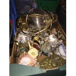 A box of assorted items to include glass table lamp, companion set, ornaments, etc. Live bidding