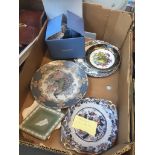 Box of plates inc. Davenport plate and a Wedgwood blur jasper vase Live bidding available via our