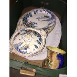 A box of pottery including large platter, tureen etc Live bidding available via our website, if