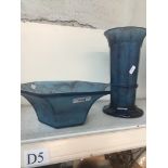Blue cloud glass vase and bowl Live bidding available via our website, if you require P&P please