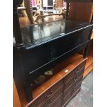 An ebonised monks bench, w90cm, d52cm. Live bidding available via our website, if you require P&P