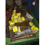 A box of misc metalware, hinges, wood saws, foot pump, pins, etc. Live bidding available via our