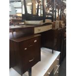 A retro mid 20th century dressing table with triple mirror and stool, h136cm, w126cm, d49cm. Live