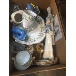 Box of china and figures etc. Live bidding available via our website, if you require P&P please read