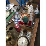 Three boxes including brassware, decanters, glasses, figurines, clock, pottery etc Live bidding