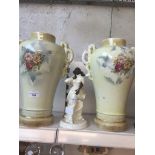 A pair of twin handled vases and a Minton lady figure Live bidding available via our website, if you
