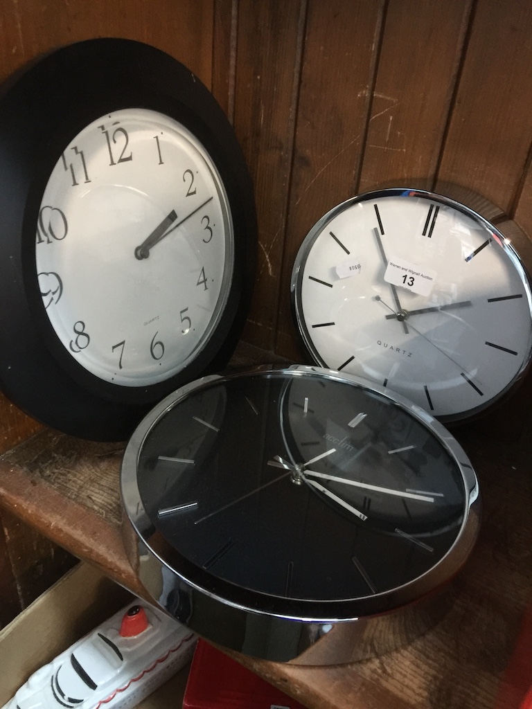 Three quartz wall clocks Live bidding available via our website, if you require P&P please read