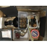 A box of collectables including coins, darts, watches, etc Live bidding available via our website,