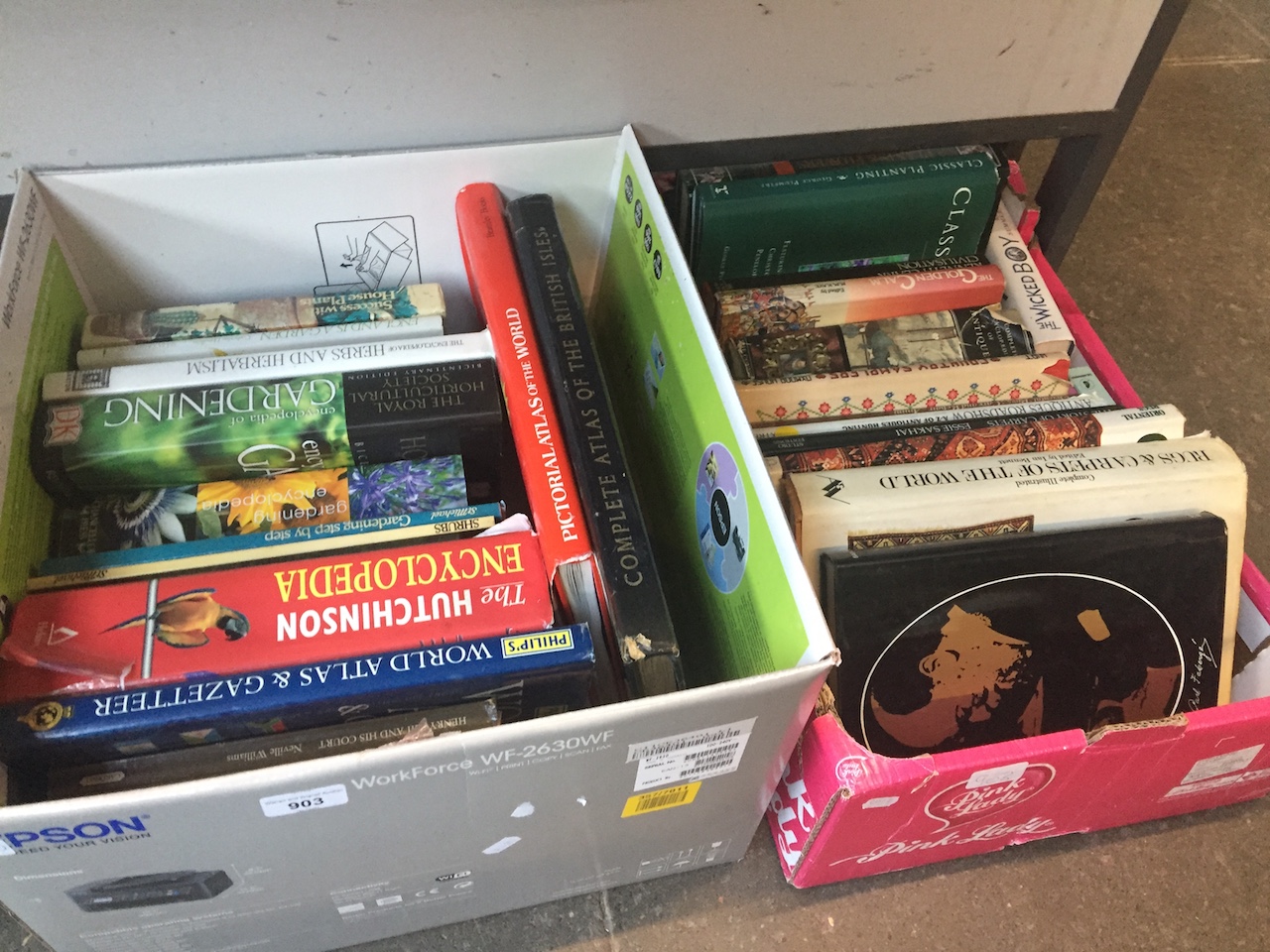 2 boxes of books - Atlases, gardening, Faberge etc. Live bidding available via our website, if you