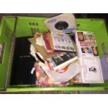 A crate with two Sony playstation consoles (AS FOUND), games and a few vinyl singles Live bidding