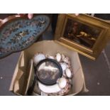 A box of mainly Sandon tableware, and including a beaded decorative stand, and a chrystoleum Live