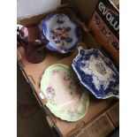 A box of pottery including tureen, a Wedgwood Peter Rabbit money box etc Live bidding available