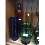 Four coloured glass vases Live bidding available via our website, if you require P&P please read