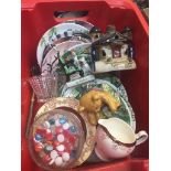 Red box of china plates and ornaments Live bidding available via our website, if you require P&P