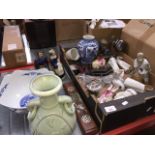 A box containing figurines, oriental pottery, chopsticks plated ware etc Live bidding available