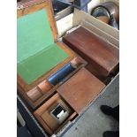 A box of wooden boxes including a brass banded writing slope box complete with key, two wooden