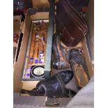 A box containing 2 pairs of ladies old style shoes, handbag and a sign marker set Live bidding