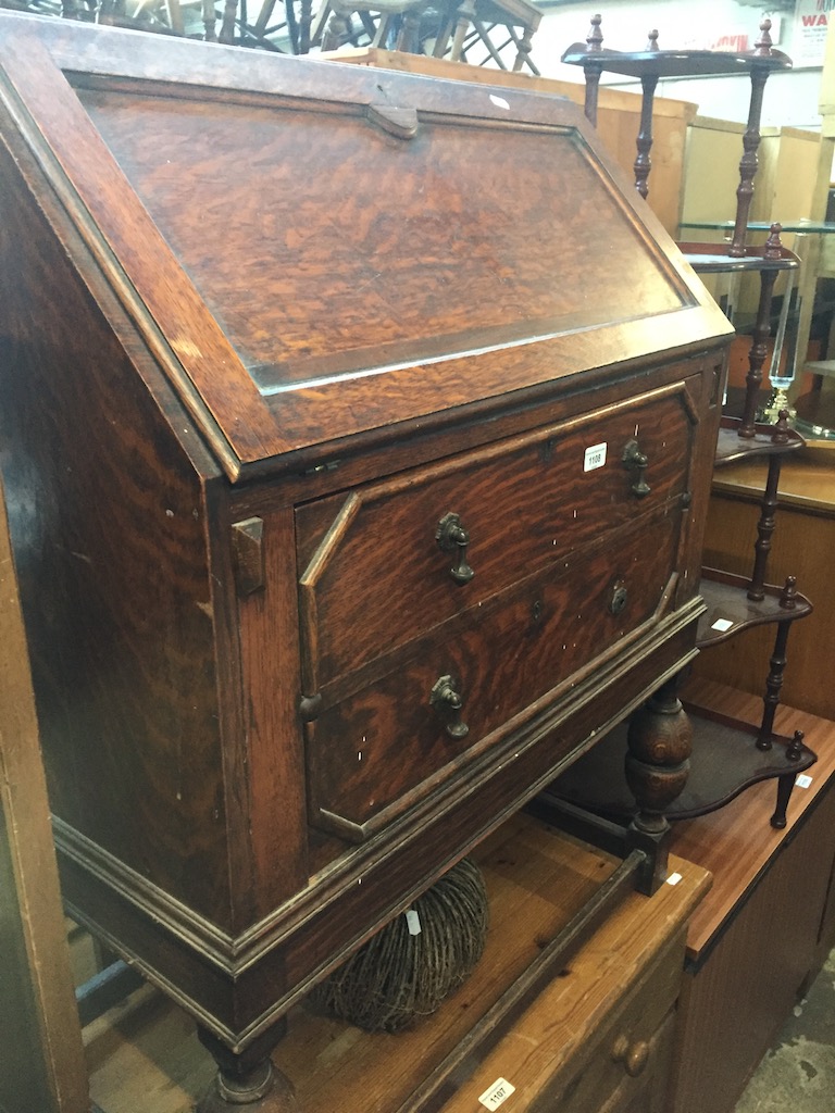 An oak bureau, folding table, and corner whatnot Live bidding available via our website, if you