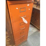 A vintage orange metal four drawer filing cabinet Live bidding available via our website, if you
