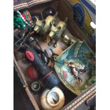 Box with brass and wood items etc. Live bidding available via our website, if you require P&P please