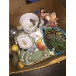 Box with Wedgwood green jasper, toby jugs etc. Live bidding available via our website, if you