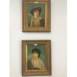 A pair of early 20th century portrait colour prints in gilded frames, 30cm x 23cm each. Live bidding