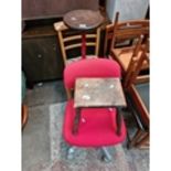 Two chairs and two stools including an old industrial workman's stool with cast metal base. Live