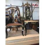 A pair of 19th century ebonised, gilded and mother of pearl inlaid chairs, heights 98cm & 80cm. Live