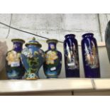 Pair of modern cloissonne vases, another and a pair of Japanese pottery vases Live bidding available