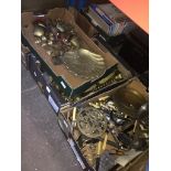 Four boxes of copper and brass Live bidding available via our website, if you require P&P please