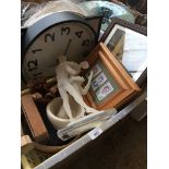 A crate of items inc pictures, ornaments, clock, etc Live bidding available via our website, if