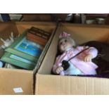 2 boxes of misc to include dolls, pictures, ornaments, lamps, etc. Live bidding available via our