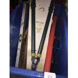 A box of misc including garden secateurs, vehicle warning triangle, spirit level, hammers, crow bars