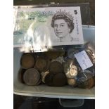 A tub of various coins including silver Live bidding available via our website, if you require P&P
