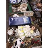 Four boxes of misc including pottery, ornaments, epns, crystal glasses, a doll, kitchenware Live
