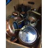 A box of metalware to include brass, copper, stainless steel, wooden bookends, etc. Live bidding