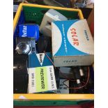 A crate of cameras and accessories including Kodak 35mm, lenses, Olympus 35mm, etc Live bidding